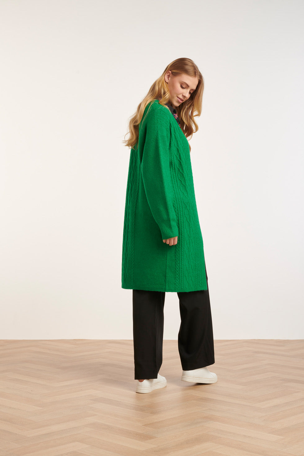 24630 Oversized Open Cardigan Met Vlechtstructuur | Green