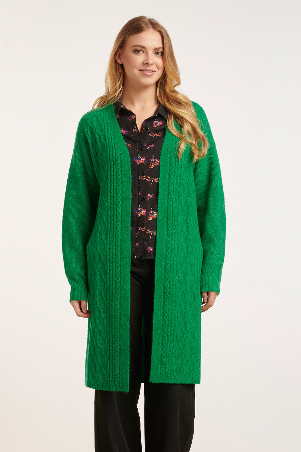 24630 Oversized Open Cardigan Met Vlechtstructuur | Green