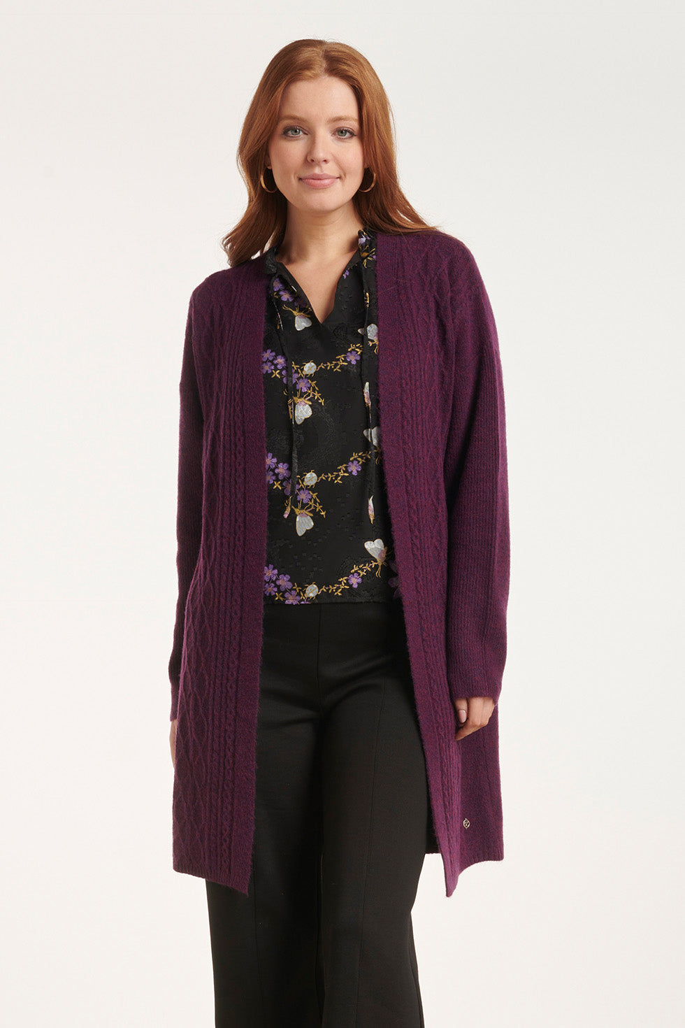 24630 Oversized Open Paarse Cardigan Met Kabeltructuur | Purple