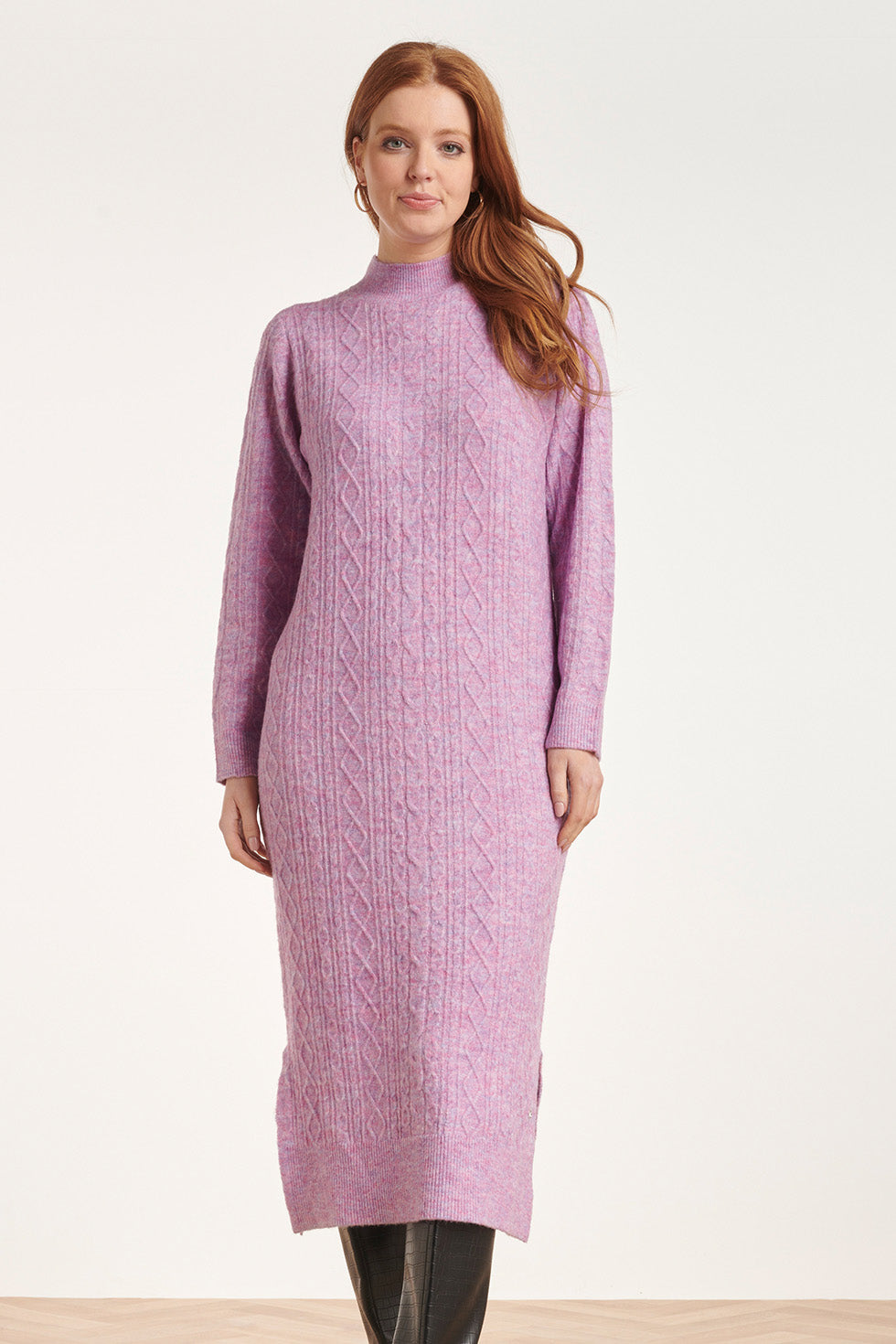 24631 Paars e Gebreide Midi Jurk Met Kabelstructuur | Lilac