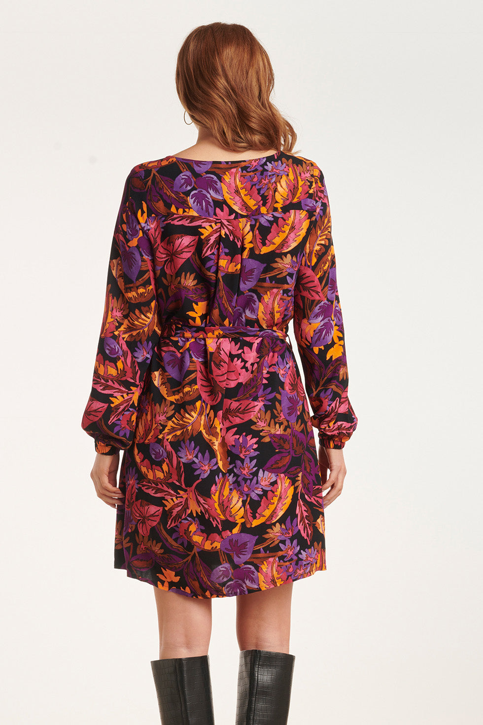 24647 Multicoloured Leaf Print Jurk | Blackwhite