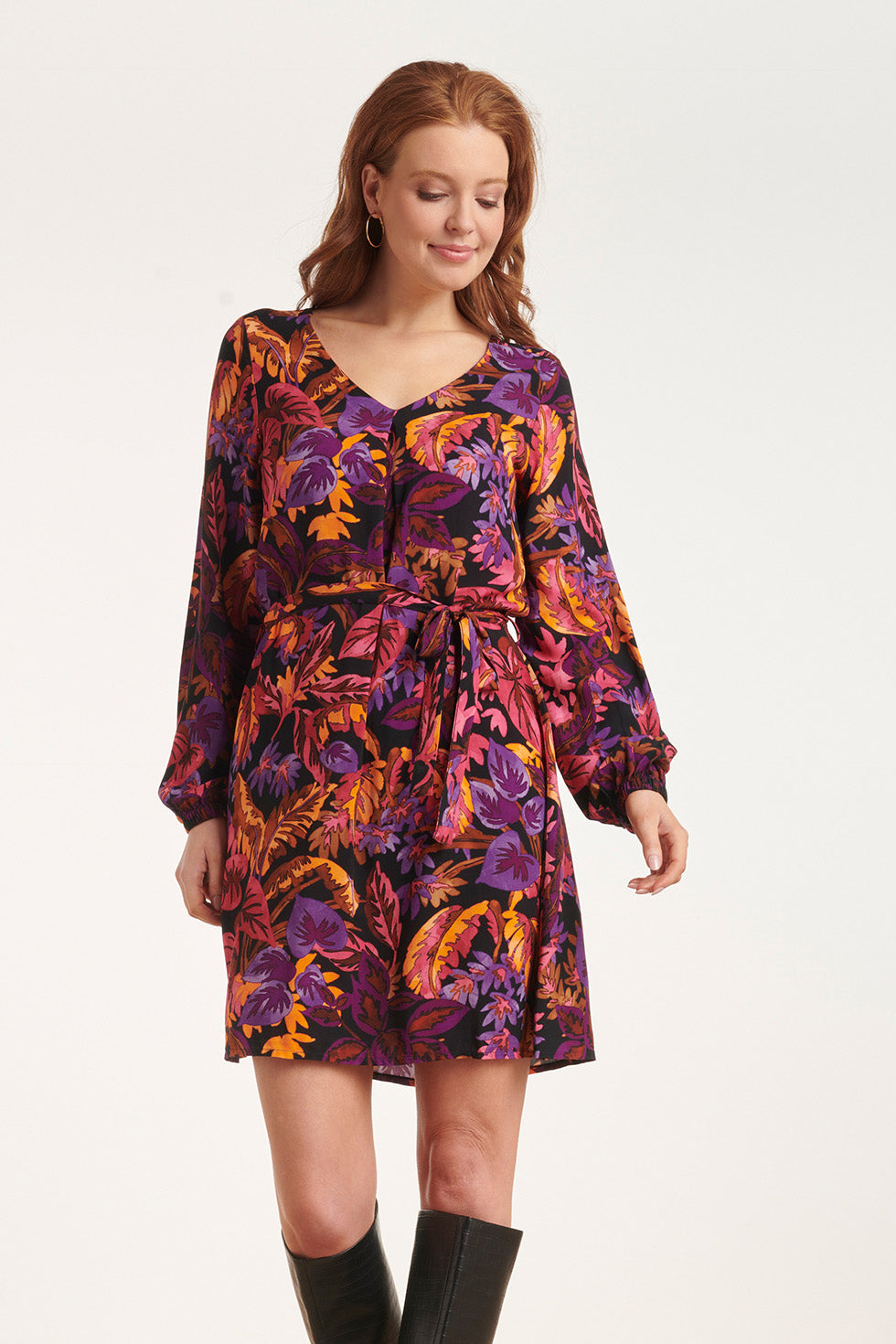 24647 Multicoloured Leaf Print Jurk | Blackwhite
