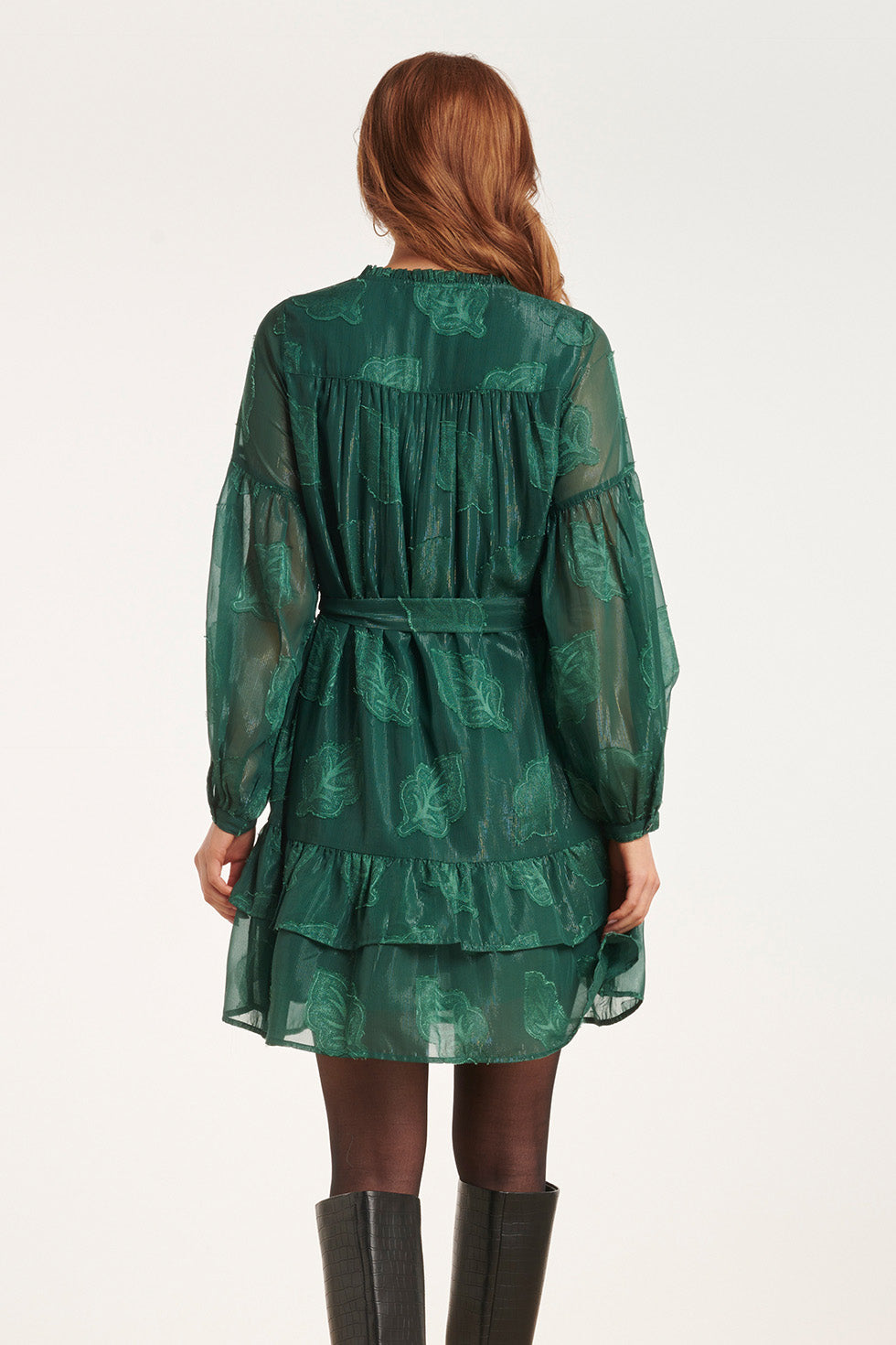 24697 Chiffon Jacquard V-Hals Jurk Met Bladmotief | Bottle