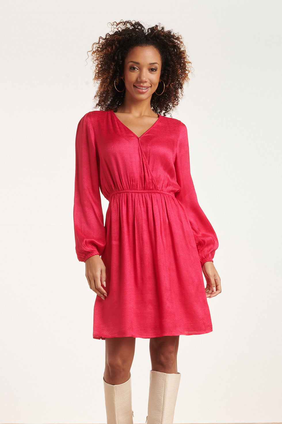 24699 Fuchsia Jacquard V-Hals Jurk Met Zebra Motief | Pink