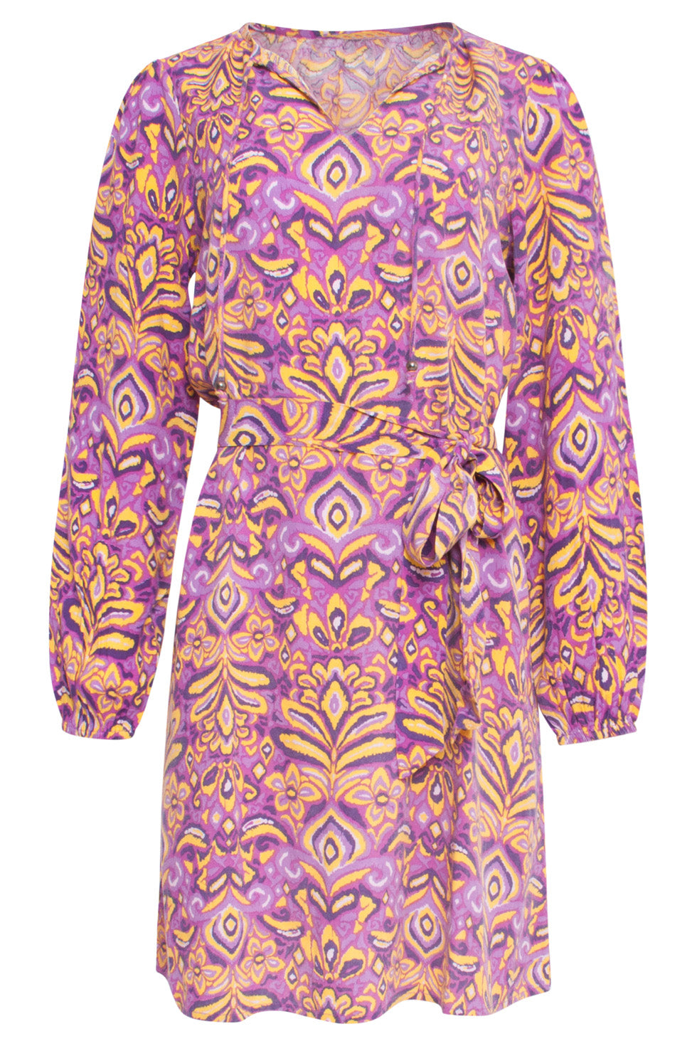 24701 Paars V-Hals Jurk Met Aztec Print | Purple-Yellow