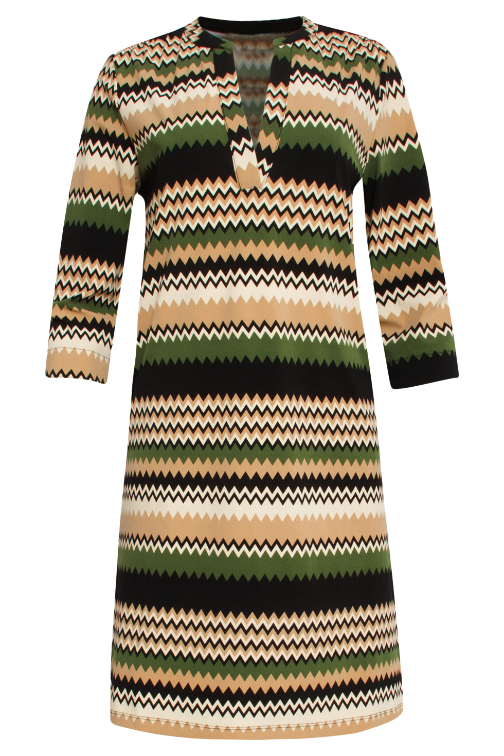 24709 Fitted Zigzag Print Travel Kwaliteit Jurk | Sand - Muticolour