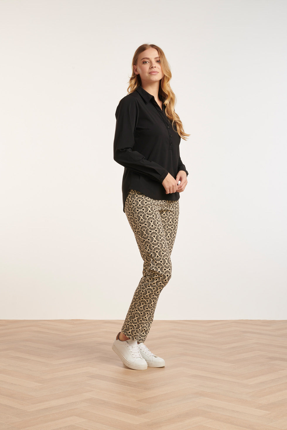 24726 Slim Fit Grafische Bloem Geprinte Travel Kwaliteit Broek | Sand-Black