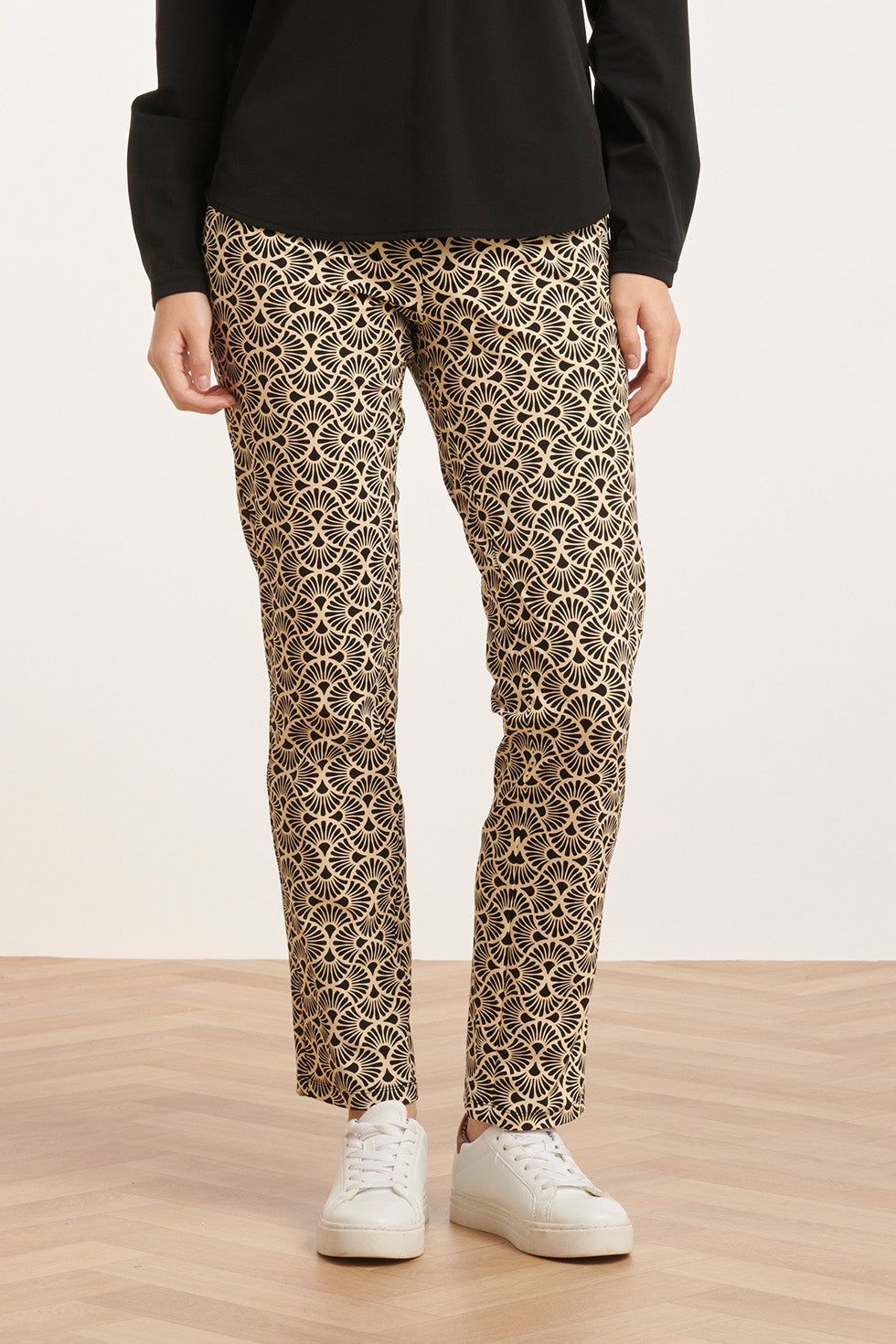 24726 Slim Fit Grafische Bloem Geprinte Travel Kwaliteit Broek | Sand-Black