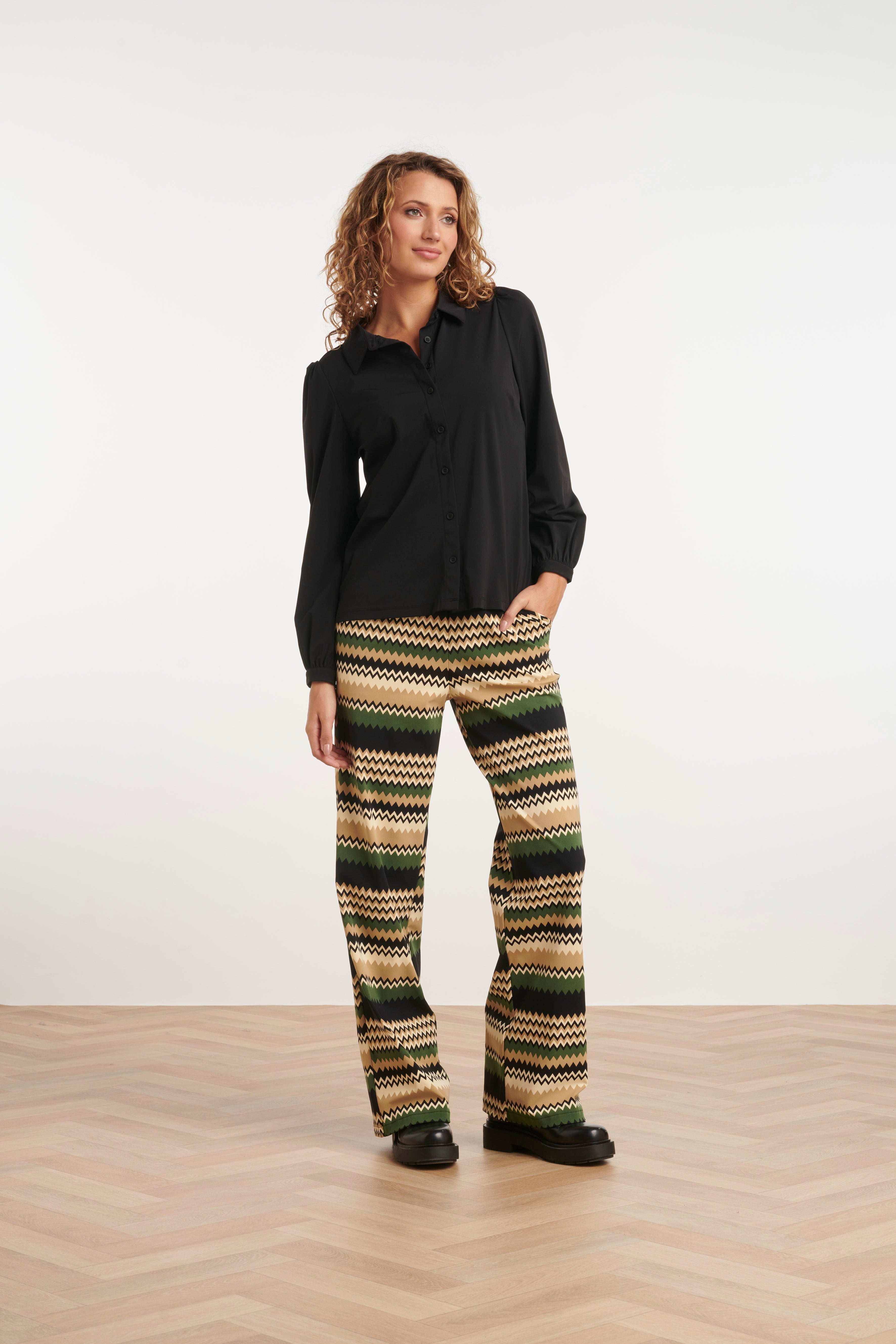 24728 Stijlvolle Zigzag Geprinte Travel Kwaliteit Broek | Sand-Multicolour