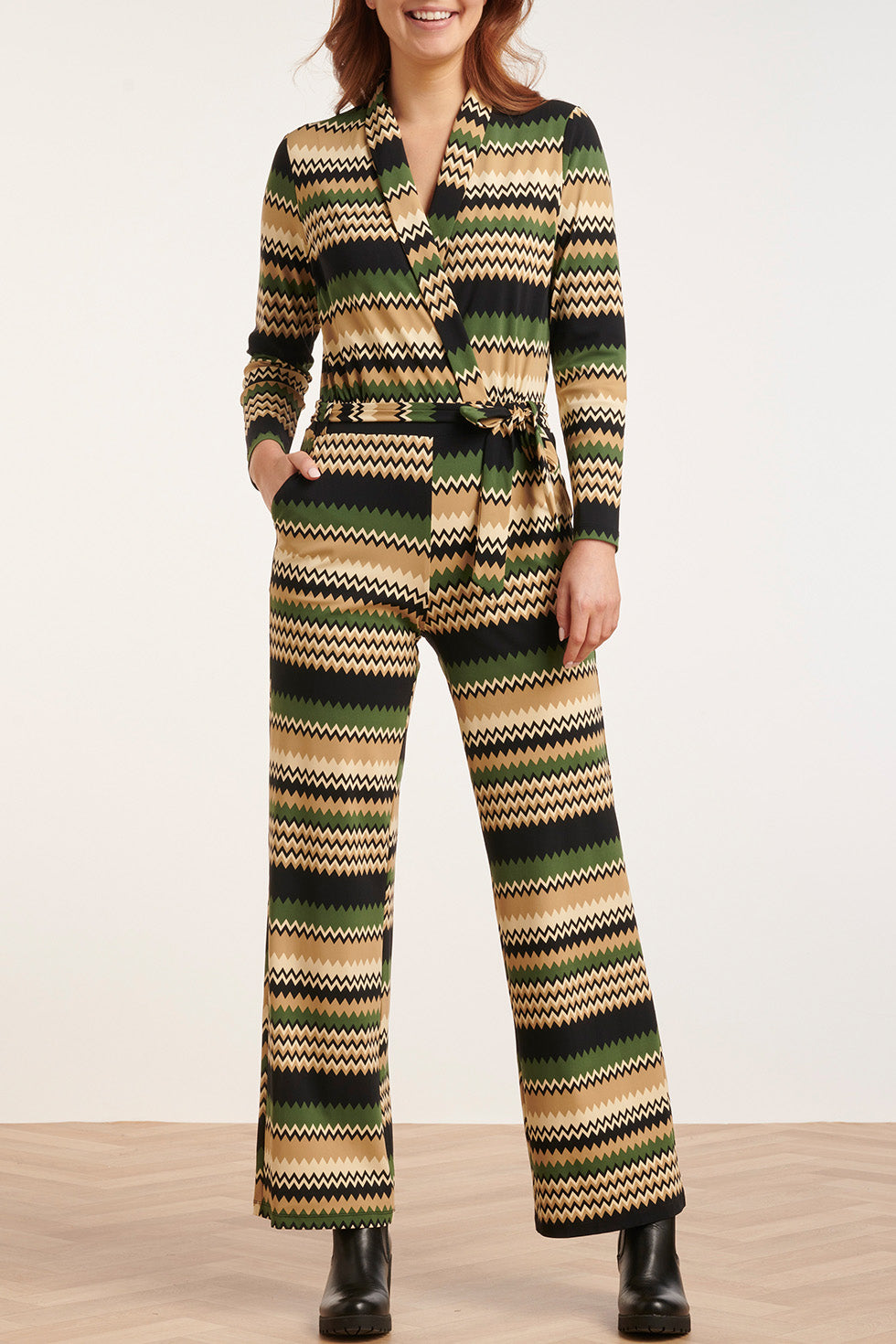24731 Zigzag Print Travel Kwaliteit Jumpsuit | Sand - Muticolour