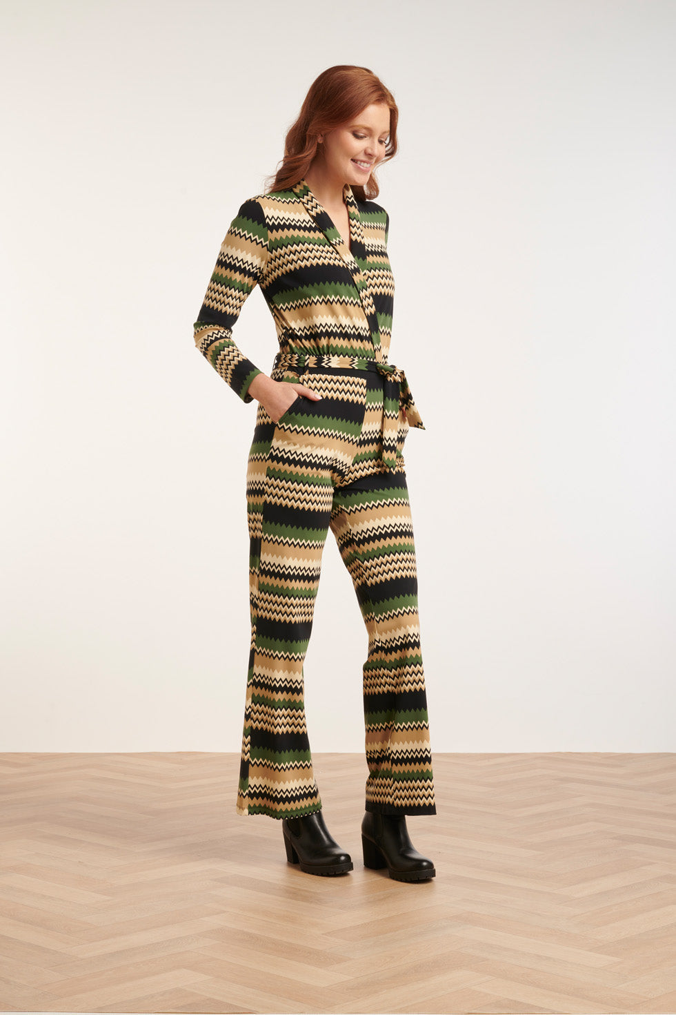24731 Zigzag Print Travel Kwaliteit Jumpsuit | Sand - Muticolour