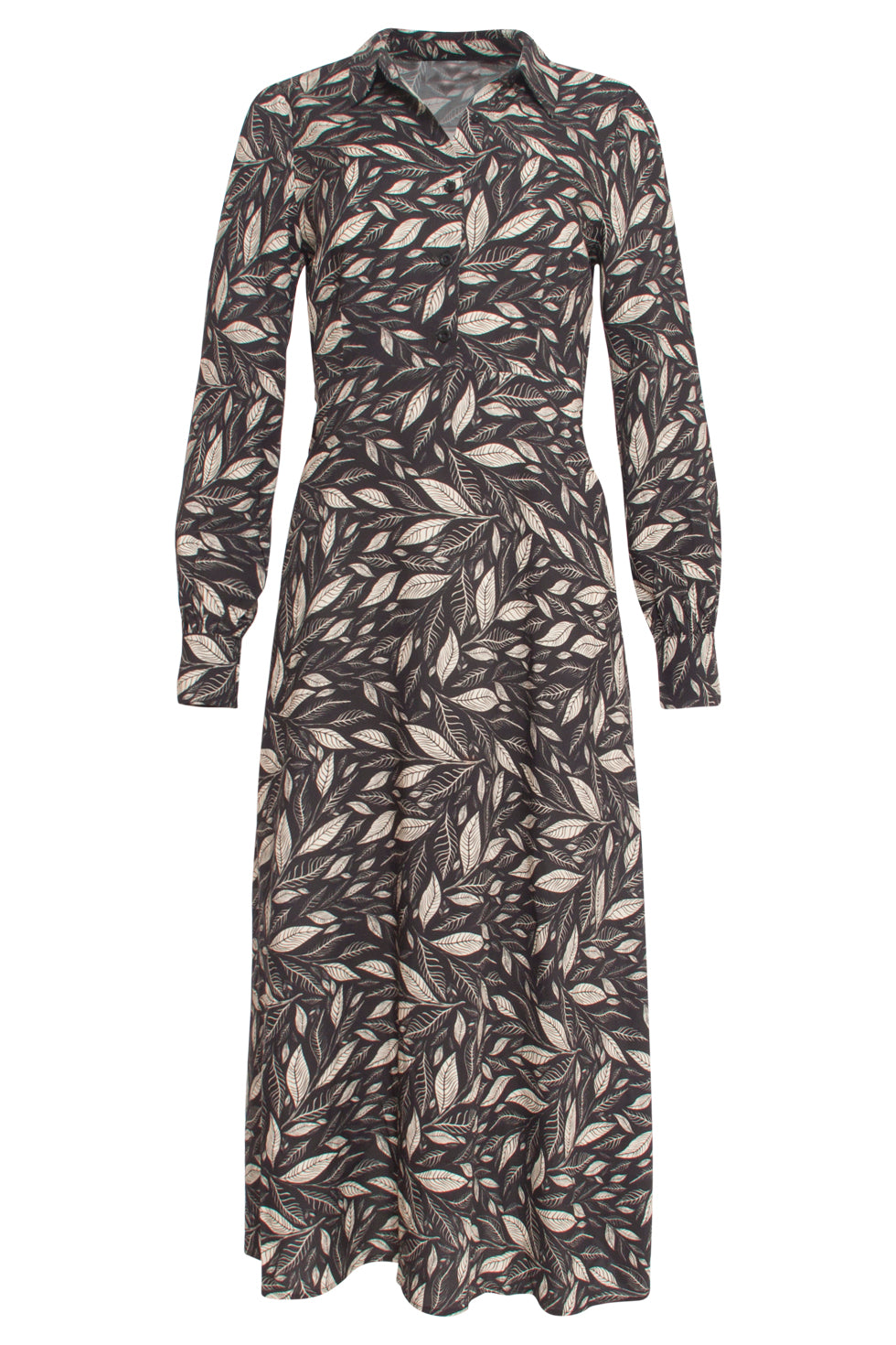 24762 Getailleerde Jurk Met Bladerenprint | Black-Off-White