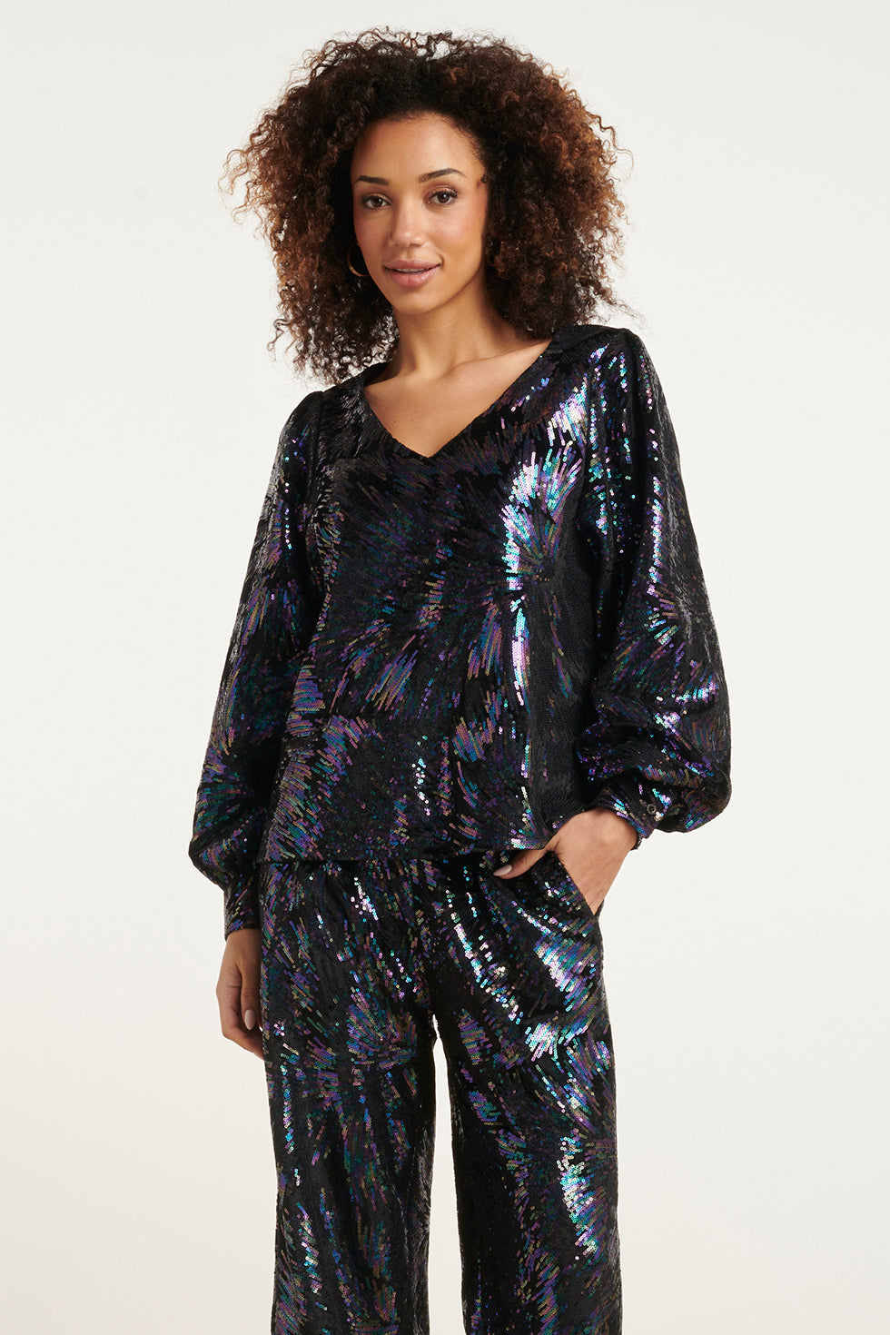 24774 Multicolour Pailletten Top Op e Velours | Black - Purple