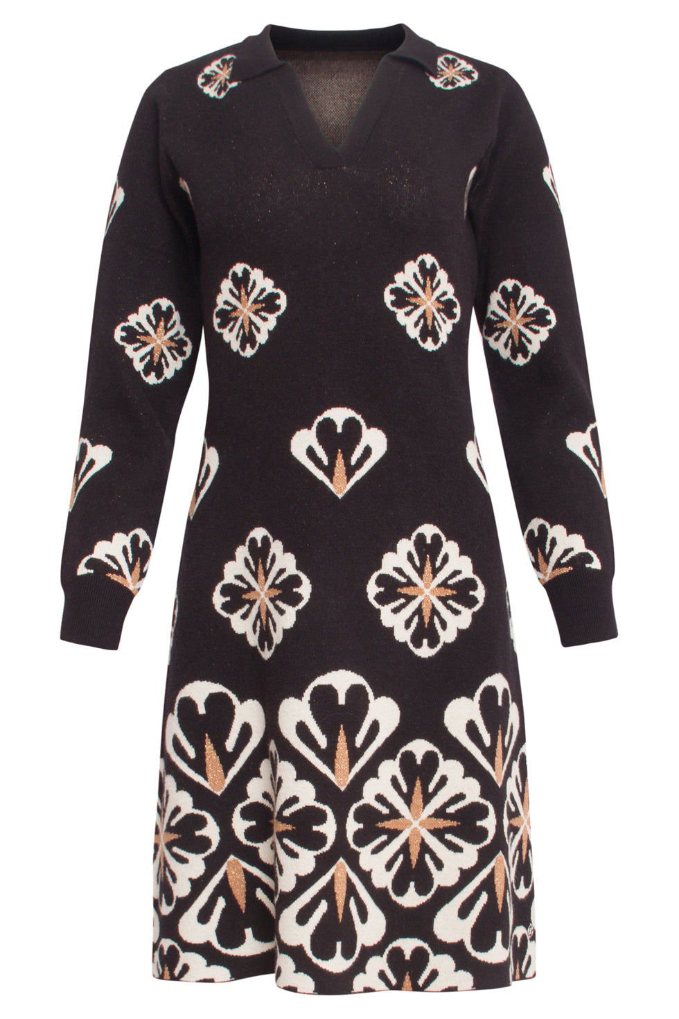 24779 E Gebreide Jurk Met Grafische Bloemenprint | Black-Sand