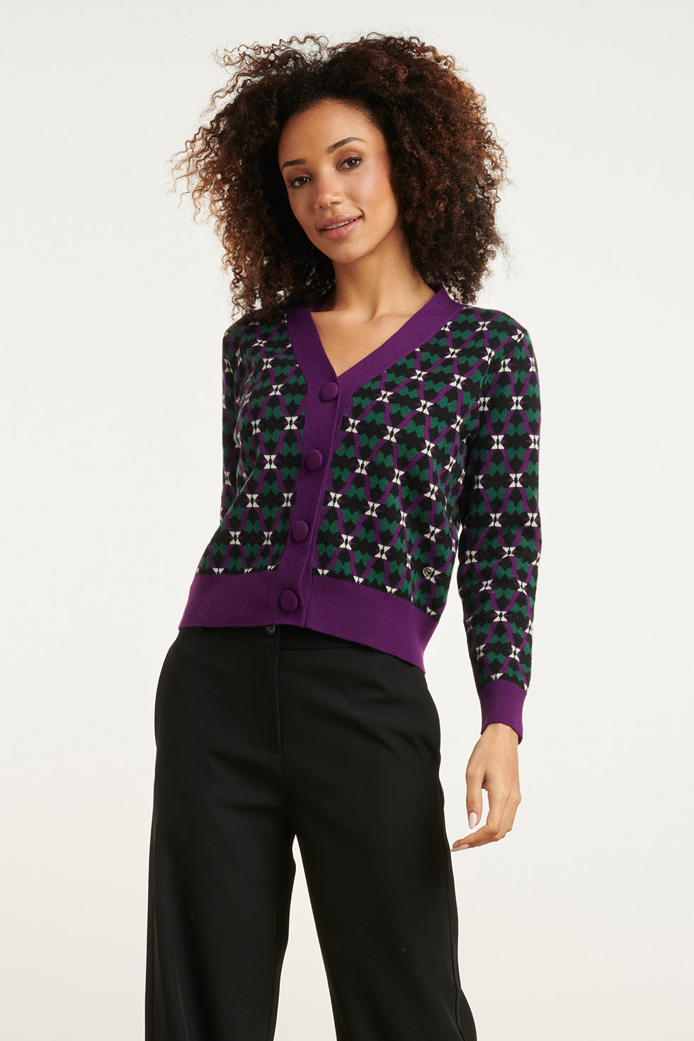 24781 Gebreide Cardigan Met Retro Print | Muticolour - Purple