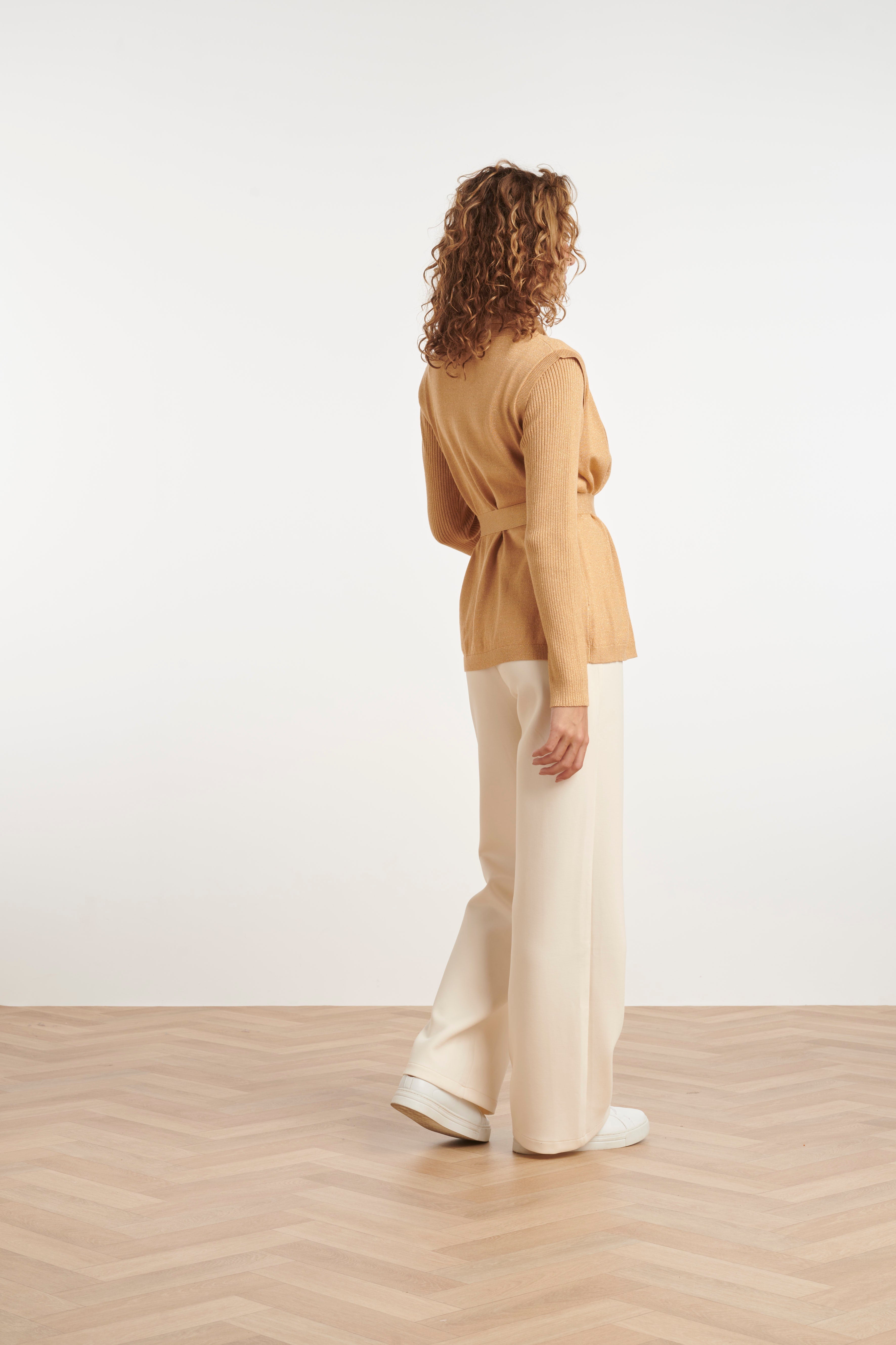 24789 Donker Gebreide Mouwloze Cardigan | Dark Sand - Gold