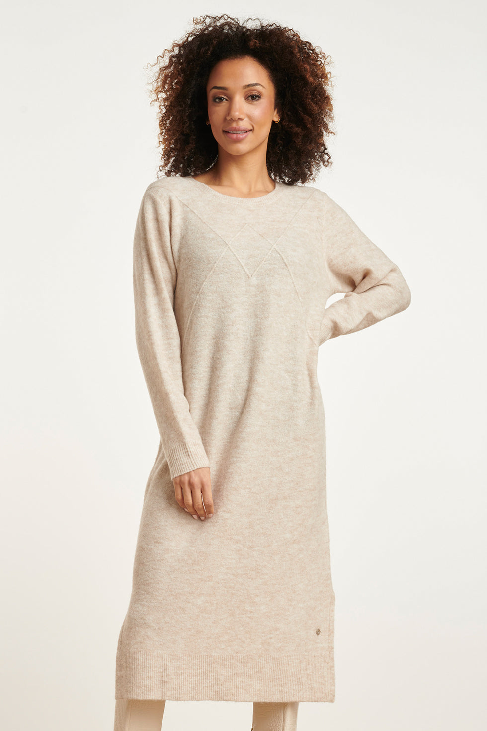 24796 Lange Gebreide Jurk Met Grafisch Detail | Off White