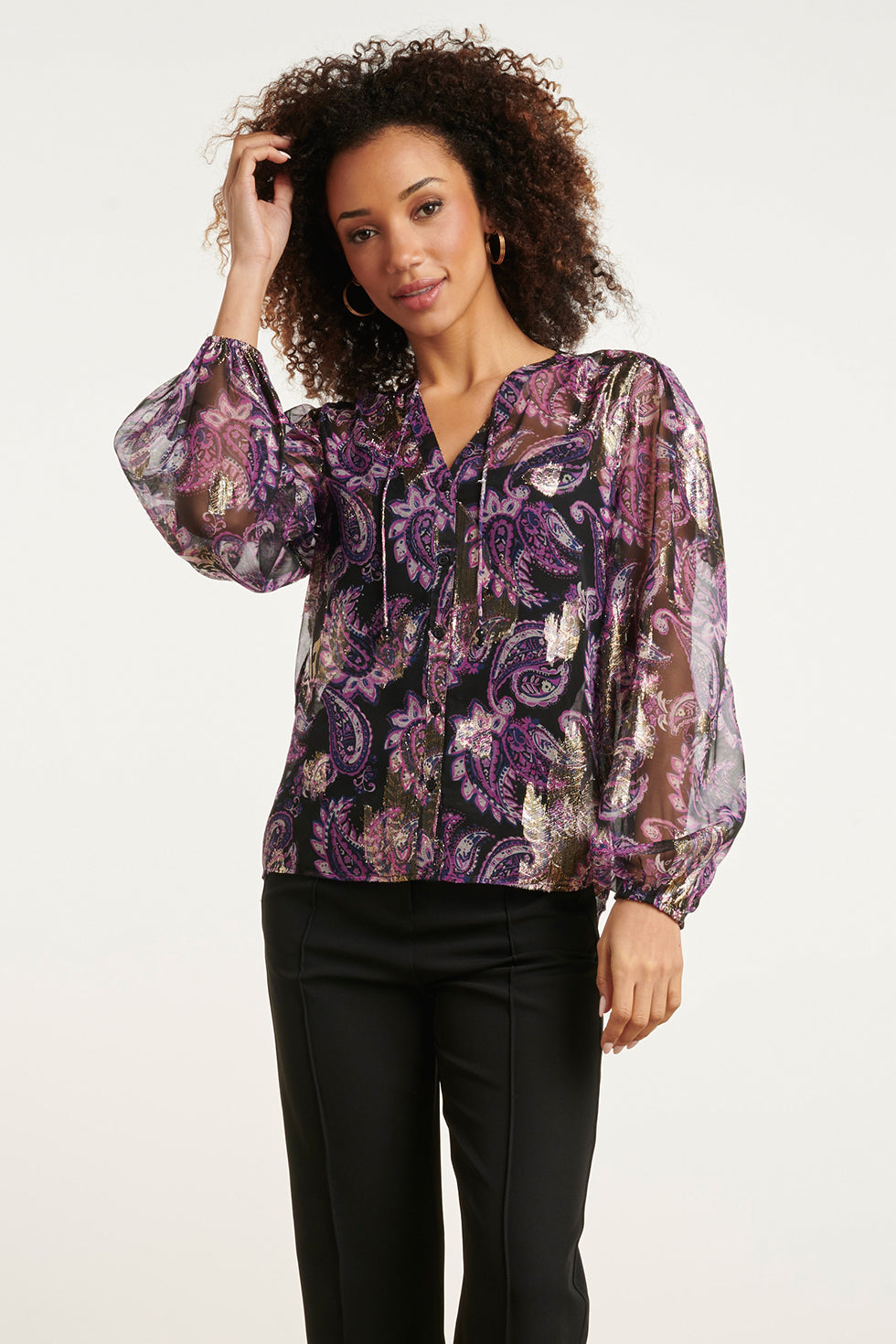 24801 Paarse Paisley Blouse Met En Jacquard | Black-Purple