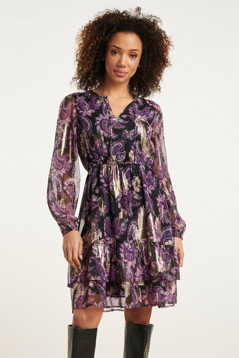 24802 Paarse Paisley Jurk Met En Jacquard | Black-Purple