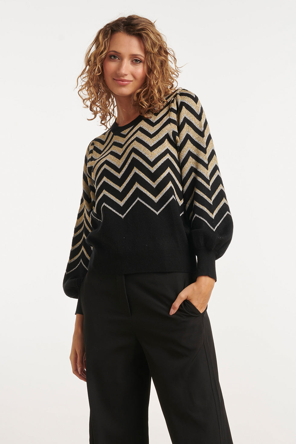 24903 -Te Gebreide Zigzagprint Top | Black White