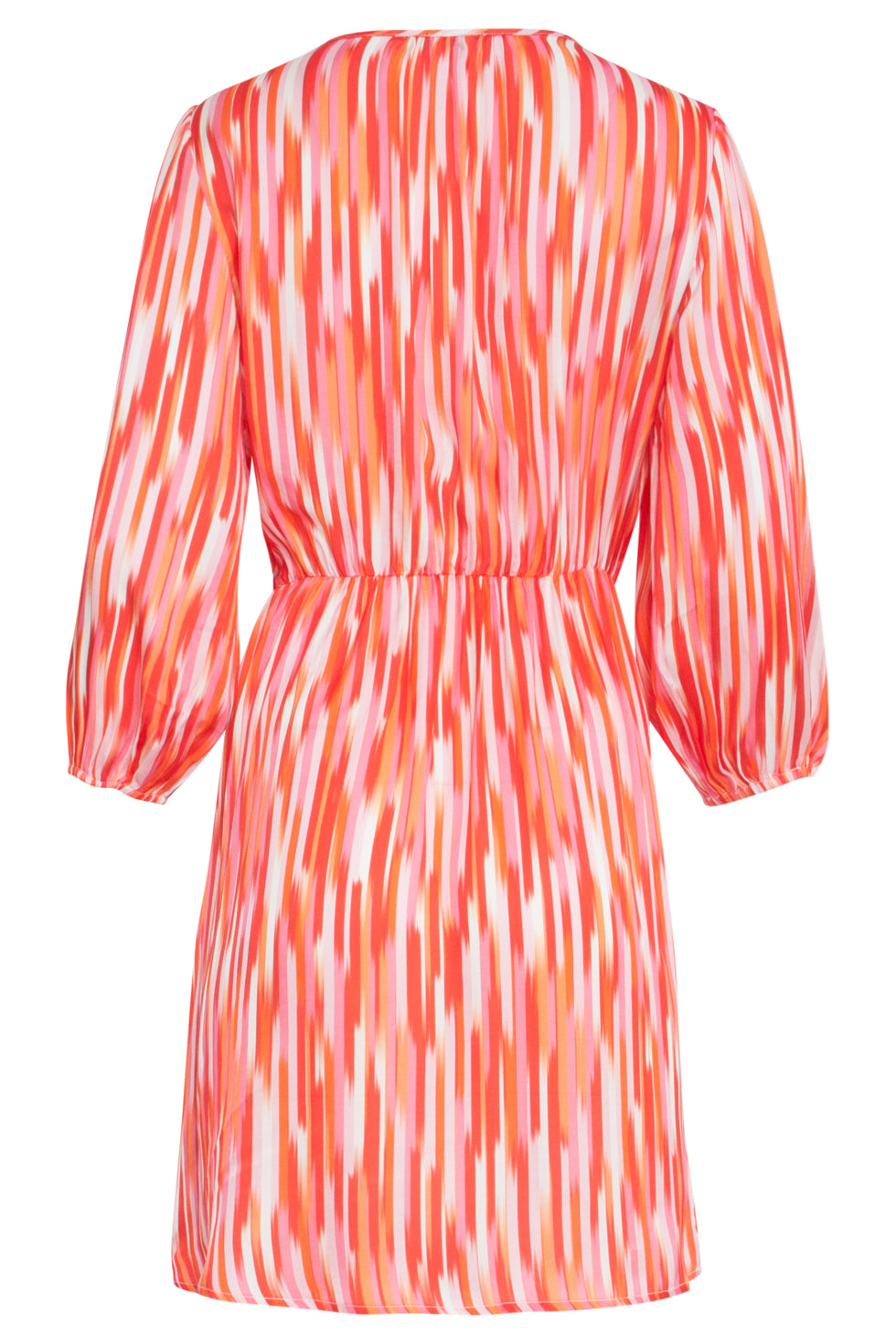 25007 Gestreepte Satijn Jurk Met Driekwart Mouwen | Red-Multicolour
