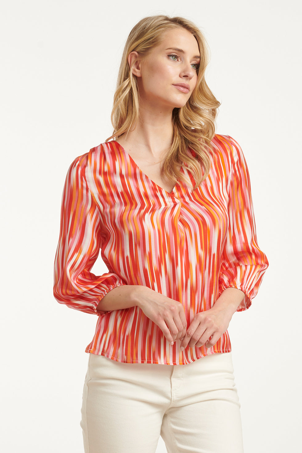 25008 Gestreepte V-Hals Satijn Top | Red - Muticolour