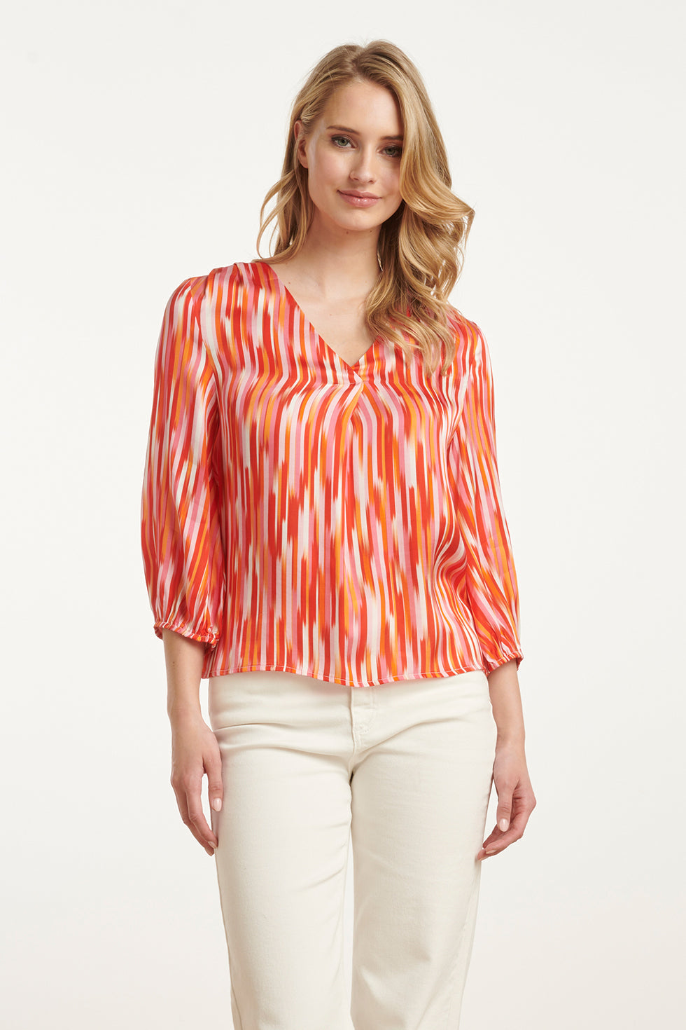 25008 Gestreepte V-Hals Satijn Top | Red - Muticolour
