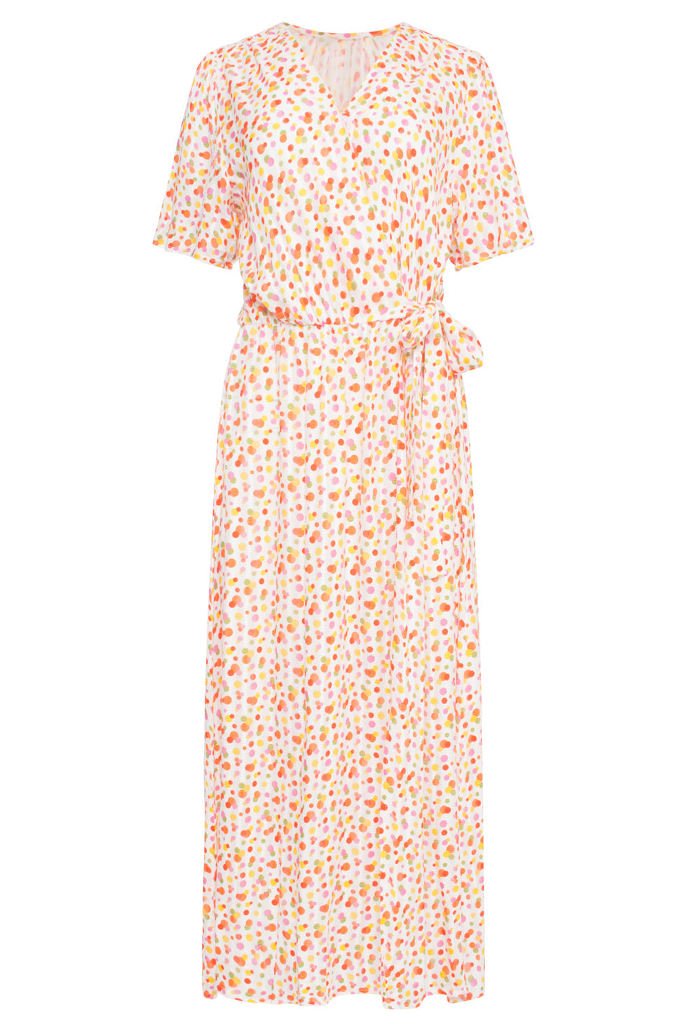 25009 V- Hals Maxi Jurk Met Polka Dot Print | White - Muticolour