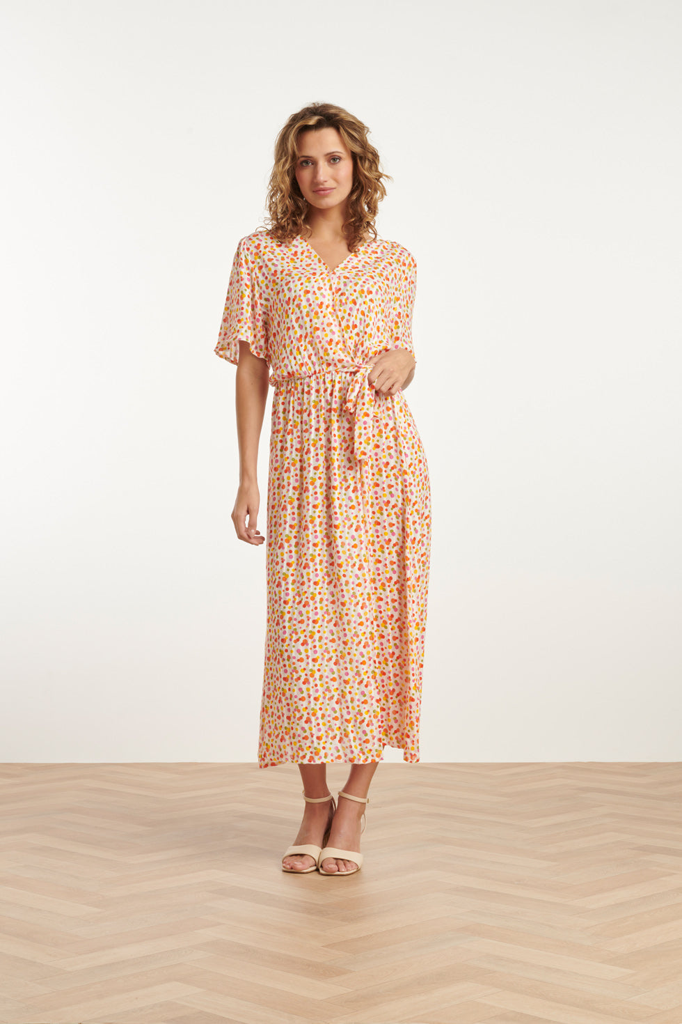 25009 V- Hals Maxi Jurk Met Polka Dot Print | White - Muticolour