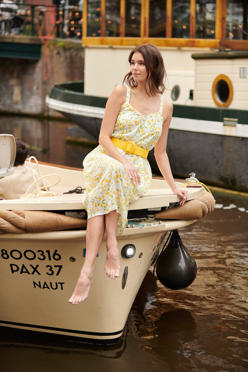25011 Midi Strappy Jurk Met Citroenprint | White-Multicolour