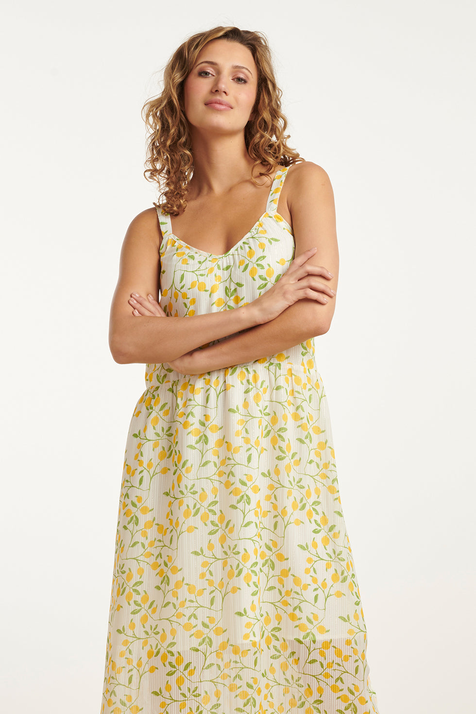 25011 Midi Strappy Jurk Met Citroenprint | White-Multicolour