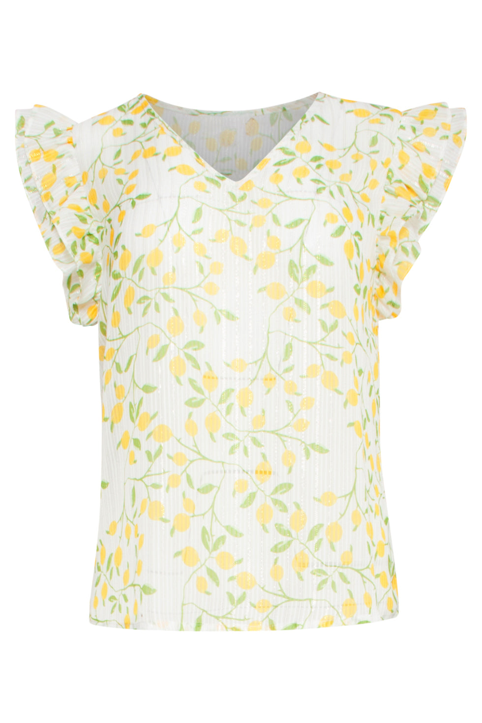 25012 Chiffon Top Met Frilly Mouwencitroenprint | White - Muticolour