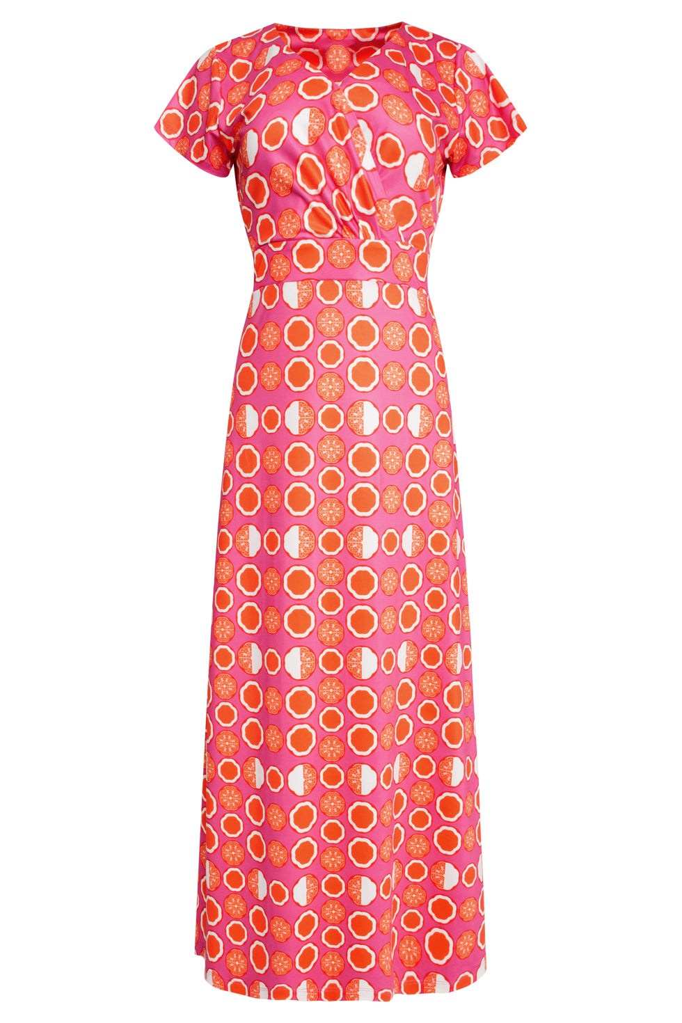 25026 Maxi Jurk Met V-Hals Met Fruitprint | Pink-Multicolour