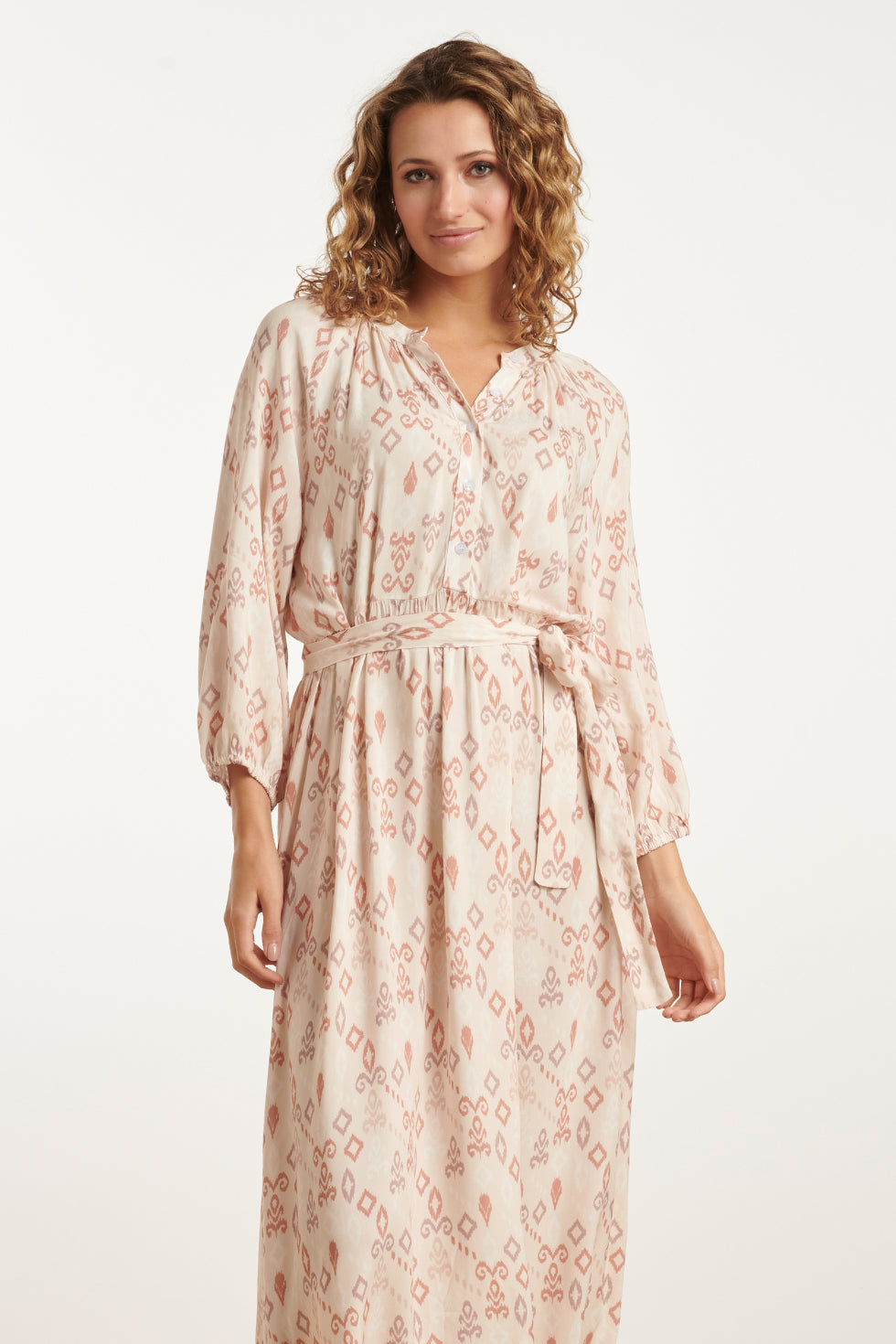 25042 Lichte Maxi Jurk Met V-Halsaztec Print-Nude Tinten | Sand-Multicolour