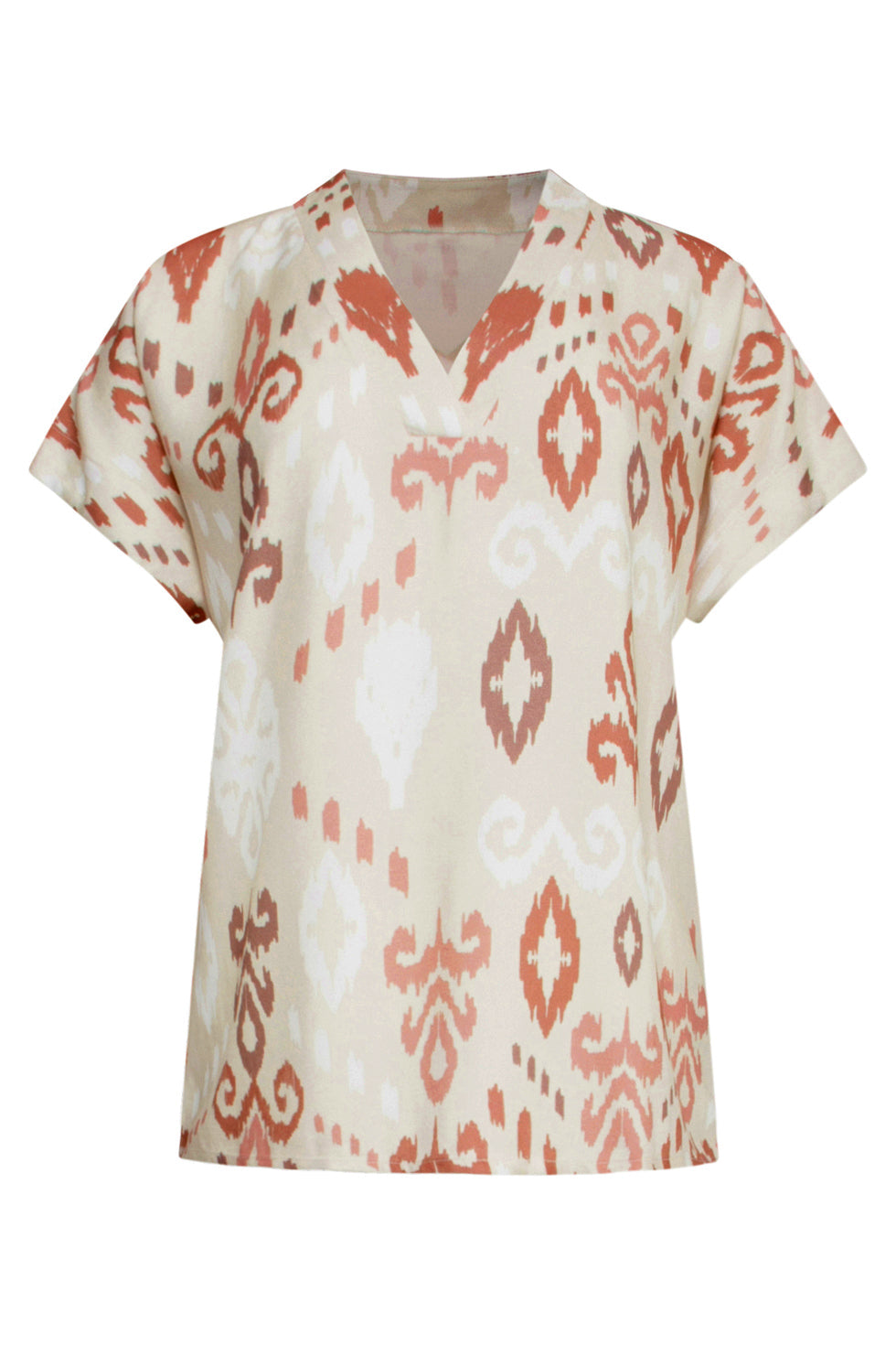 25045 V-Hals Paneel Top Met Een Groot Aztec Print-Nude Tinten | Sand-Multicolour