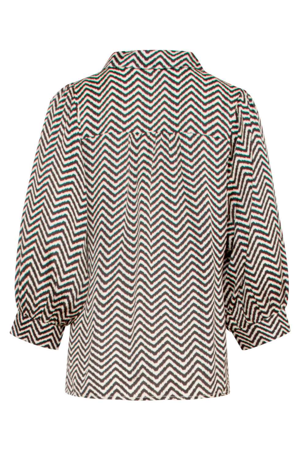 25049 Zigzag Print Top Met Kraag3/4 Puff Mouwen | Offwhite-Black