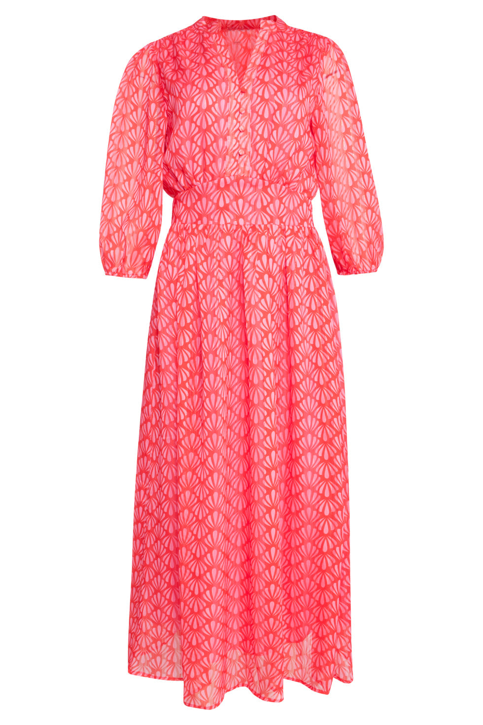25050 Elegante Maxi Chiffon Jurk Met Schelpprint | Red-Pink