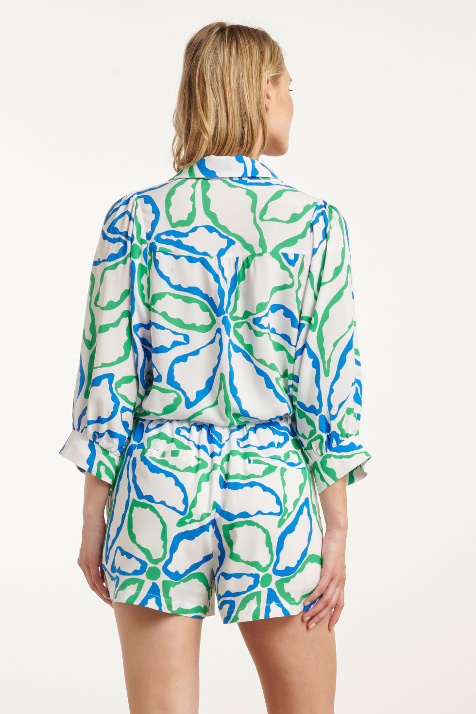 25053 Te Top Met V-Halskobalt Bloemenprint | Cobalt-Green