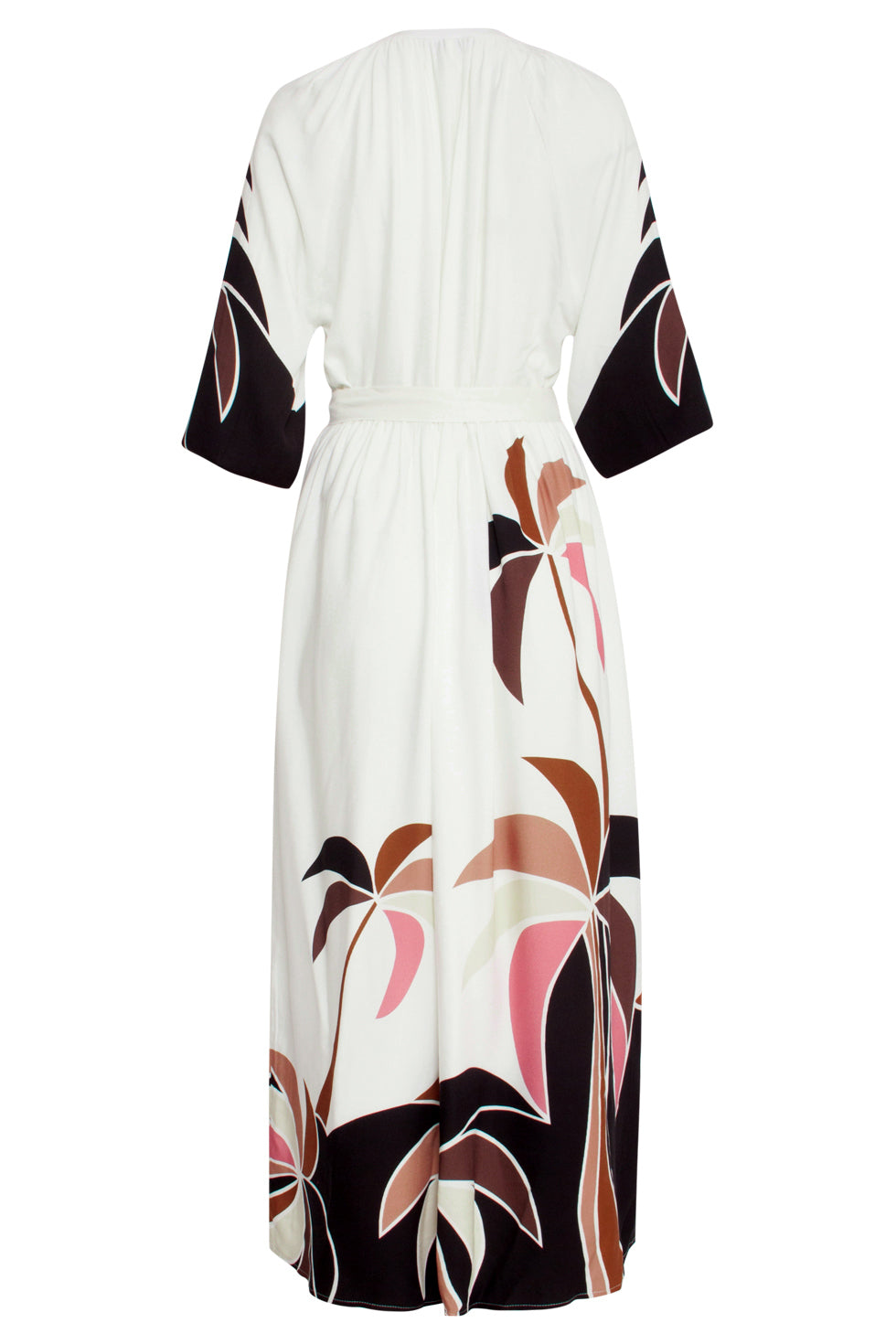 25057 Off White Flowy Maxi Jurk Met Mauve Palm Print | Sand-Multicolour