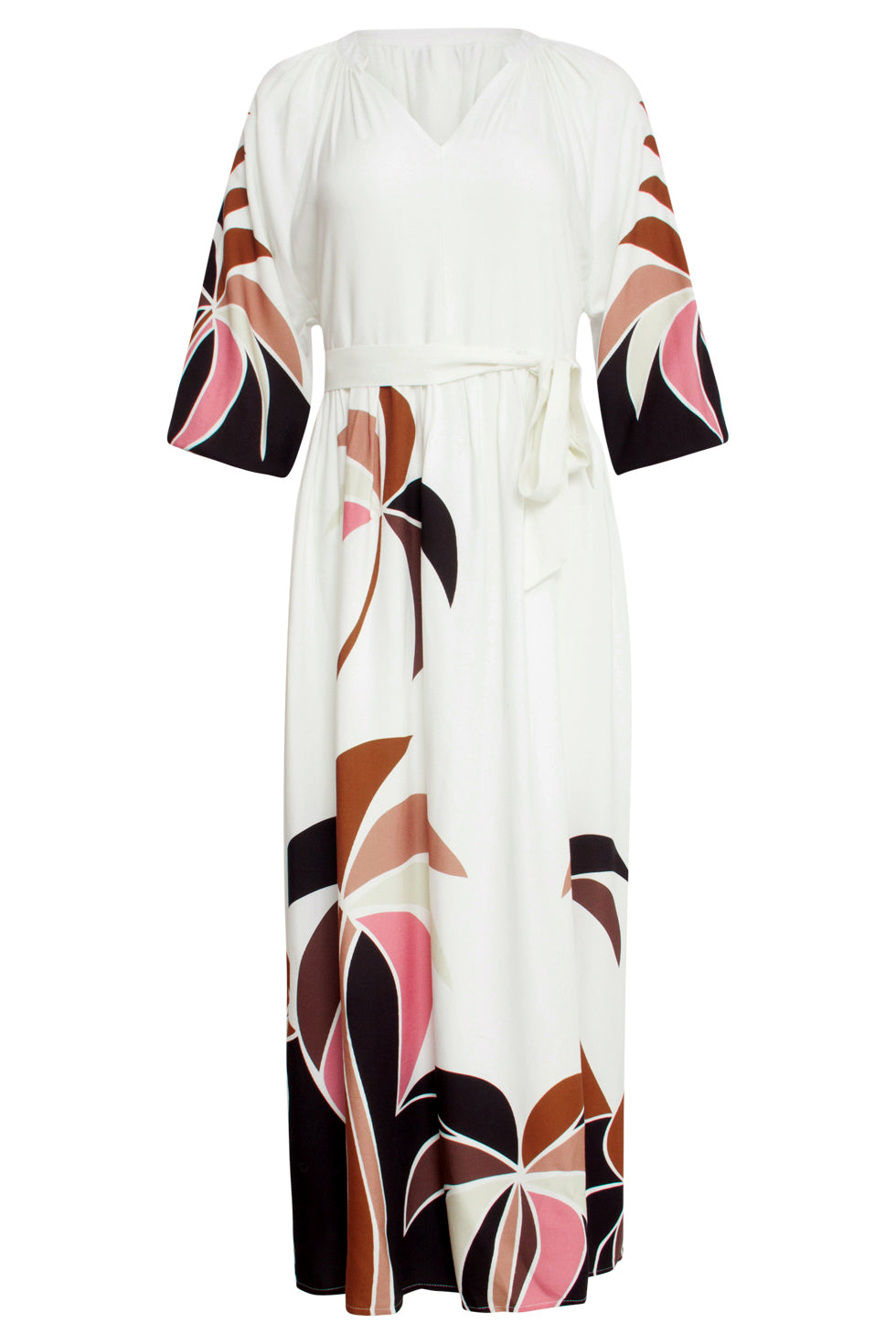25057 Off White Flowy Maxi Jurk Met Mauve Palm Print | Sand - Muticolour