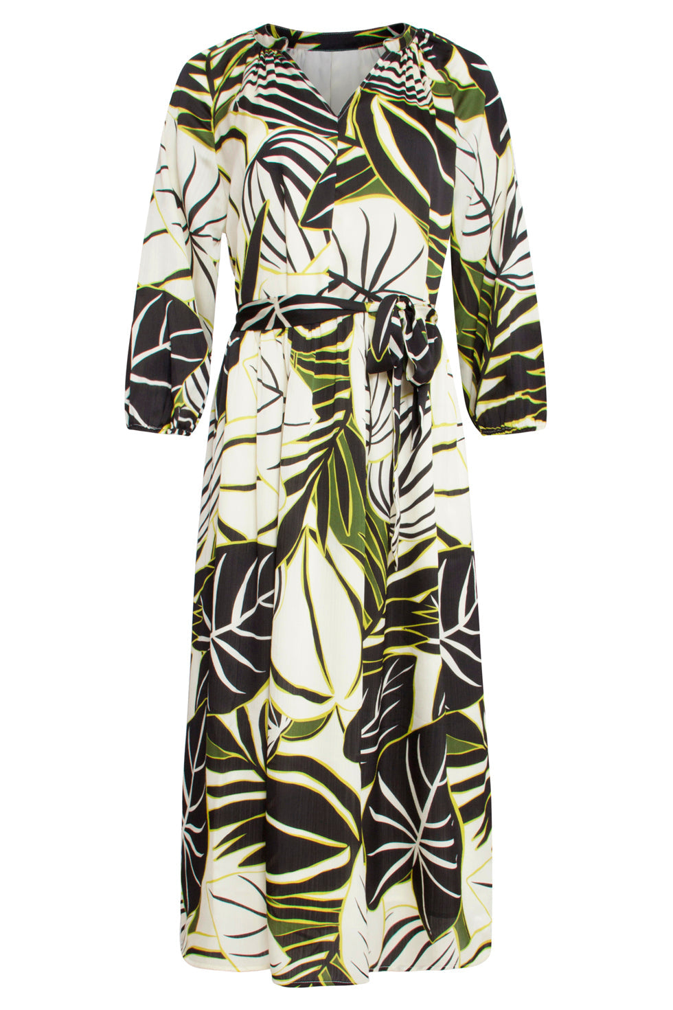 25070 Leaf Print Chiffon Midi Jurk | Green - Muticolour