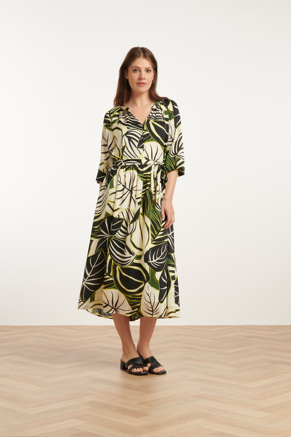 25070 Leaf Print Chiffon Midi Jurk | Green-Multicolour