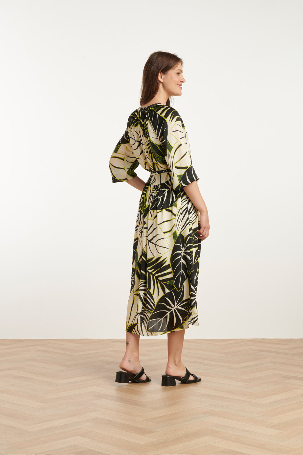 25070 Leaf Print Chiffon Midi Jurk | Green-Multicolour