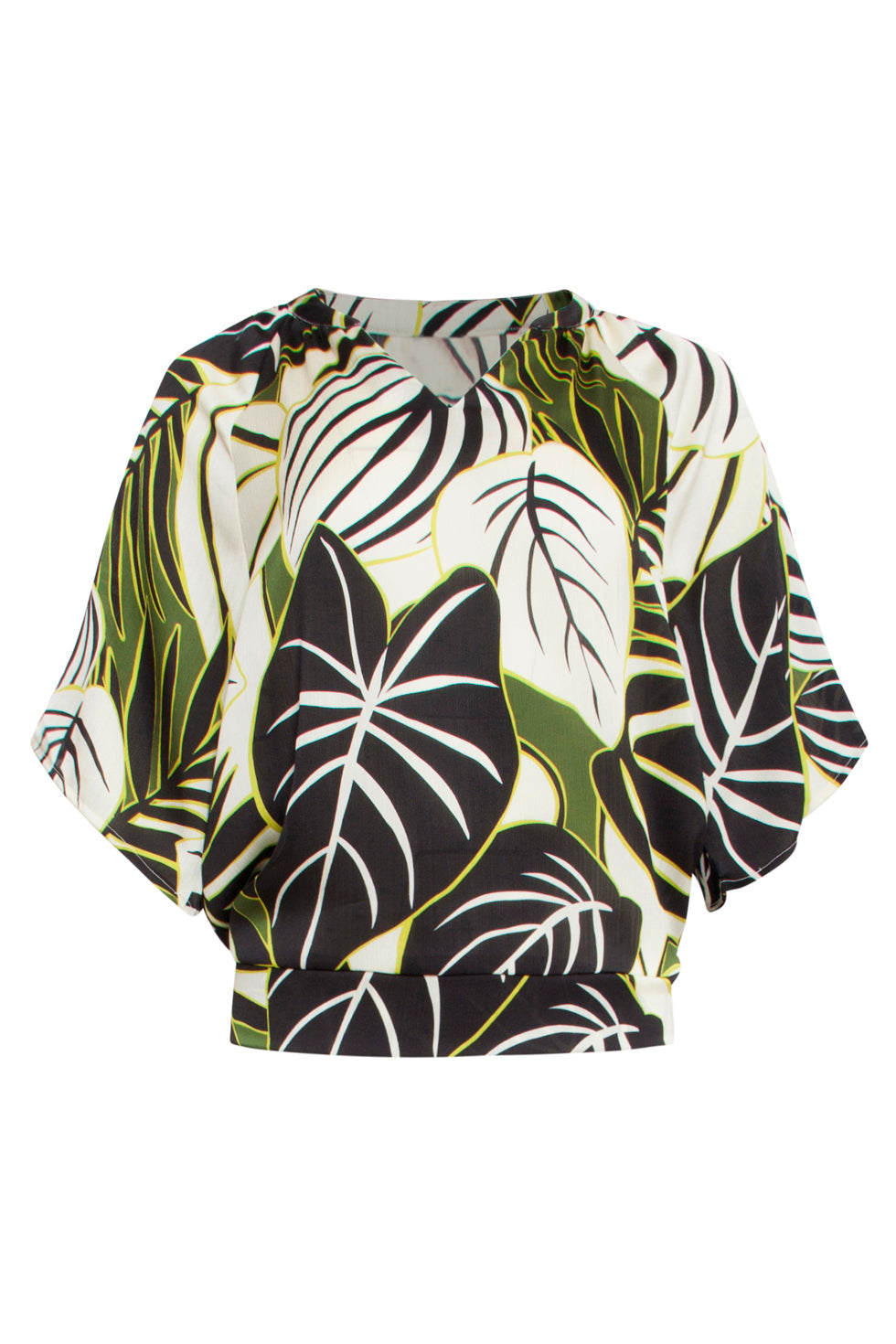 25071 Leaf Print Chiffon Top Met V-Halsflared Mouwen | Green - Muticolour