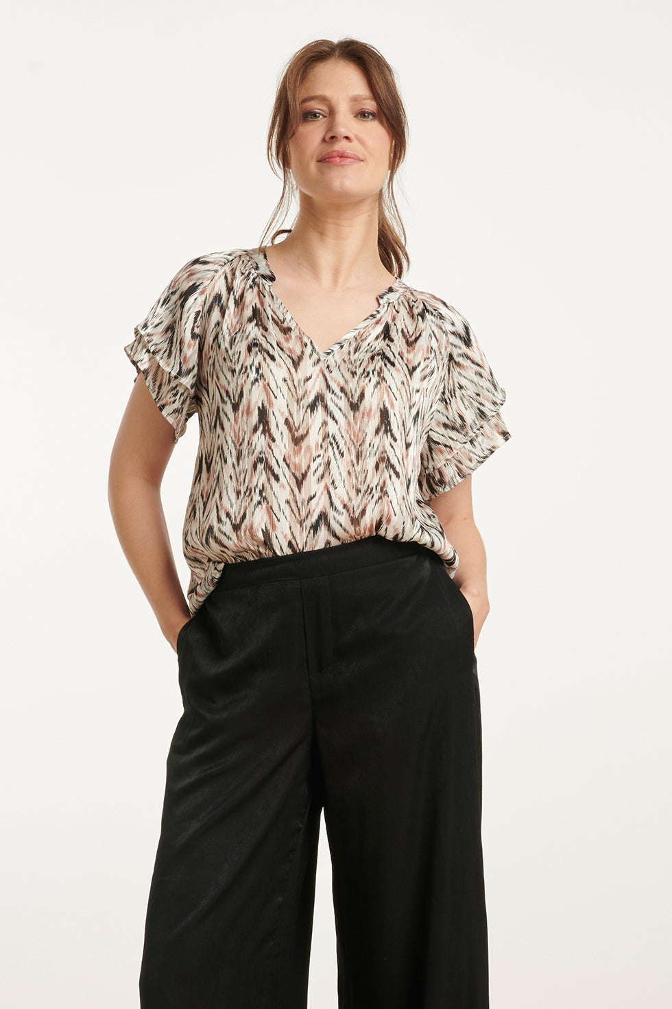 25079 Chiffon Top Met Grafisch Zigzag Print, | Off White - Muticolour
