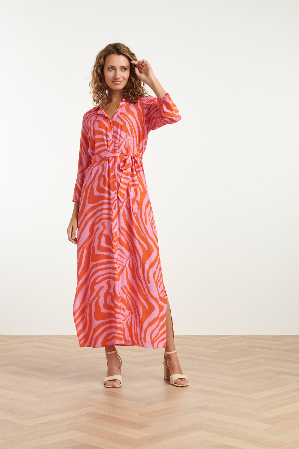 25086 Summer Maxi Shirt Jurk Met Dierenprint | Pink-Orange