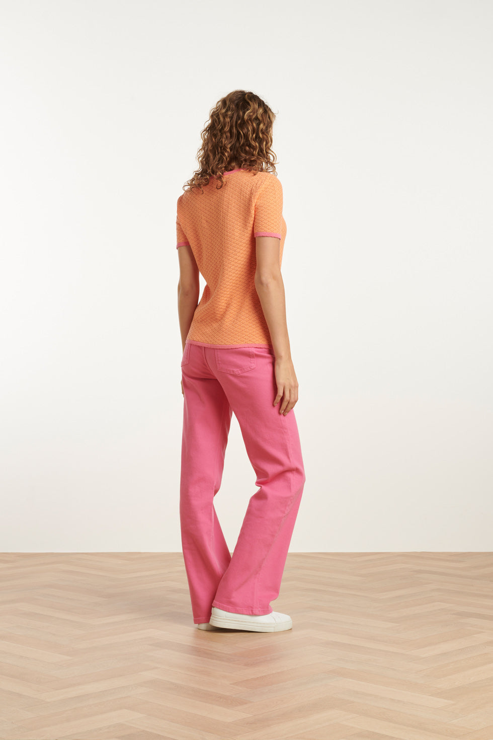 25096 Peach Knitted Top Met Contrasterende Rand | Peach-Pink