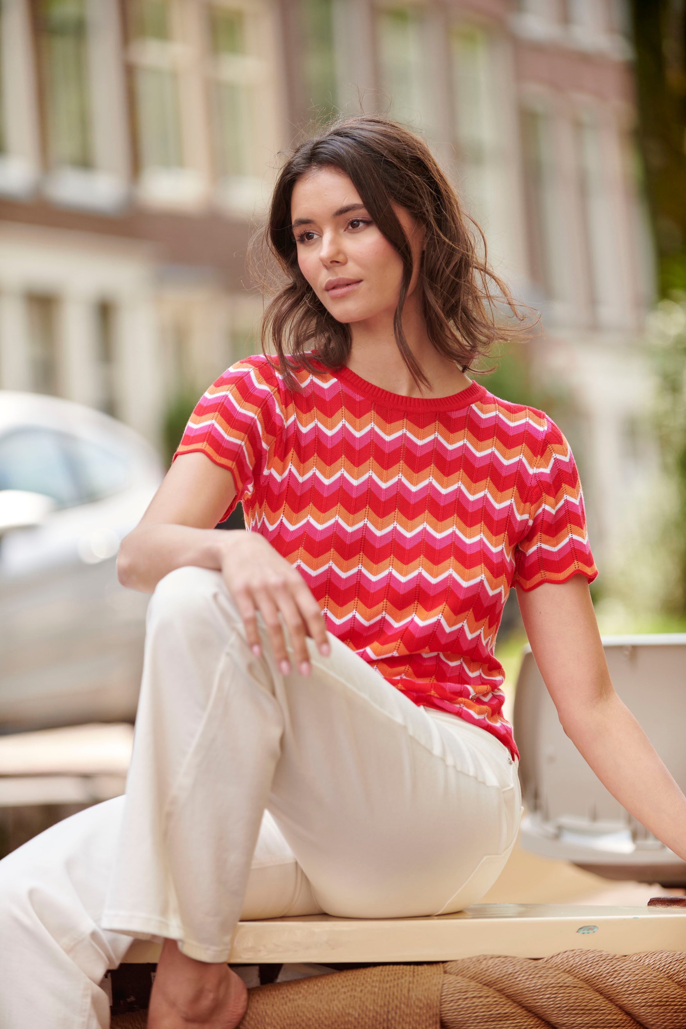 25097 Multicoloured Zigzag Knitted Top | Red-Multicolour