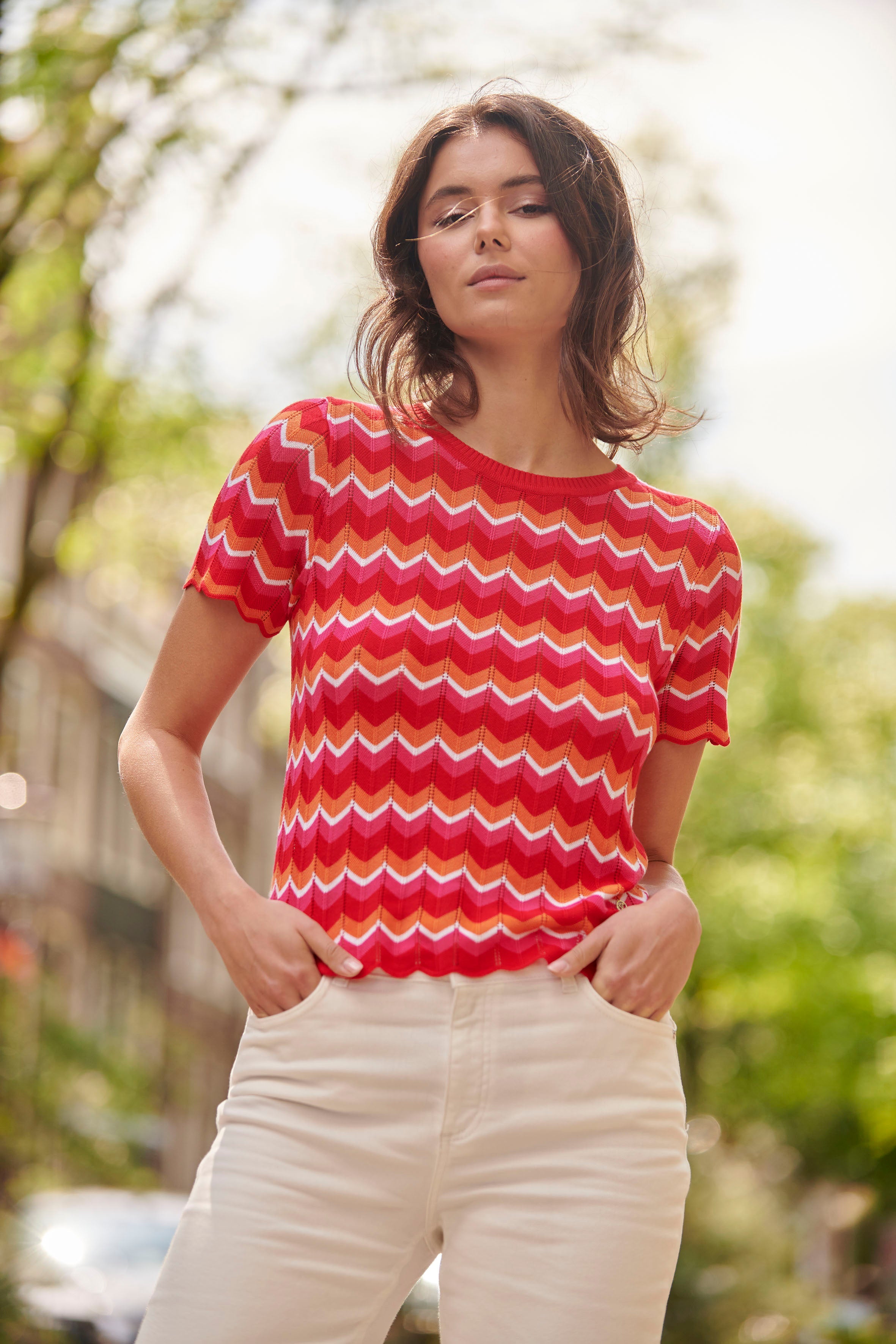 25097 Multicoloured Zigzag Knitted Top | Red-Multicolour