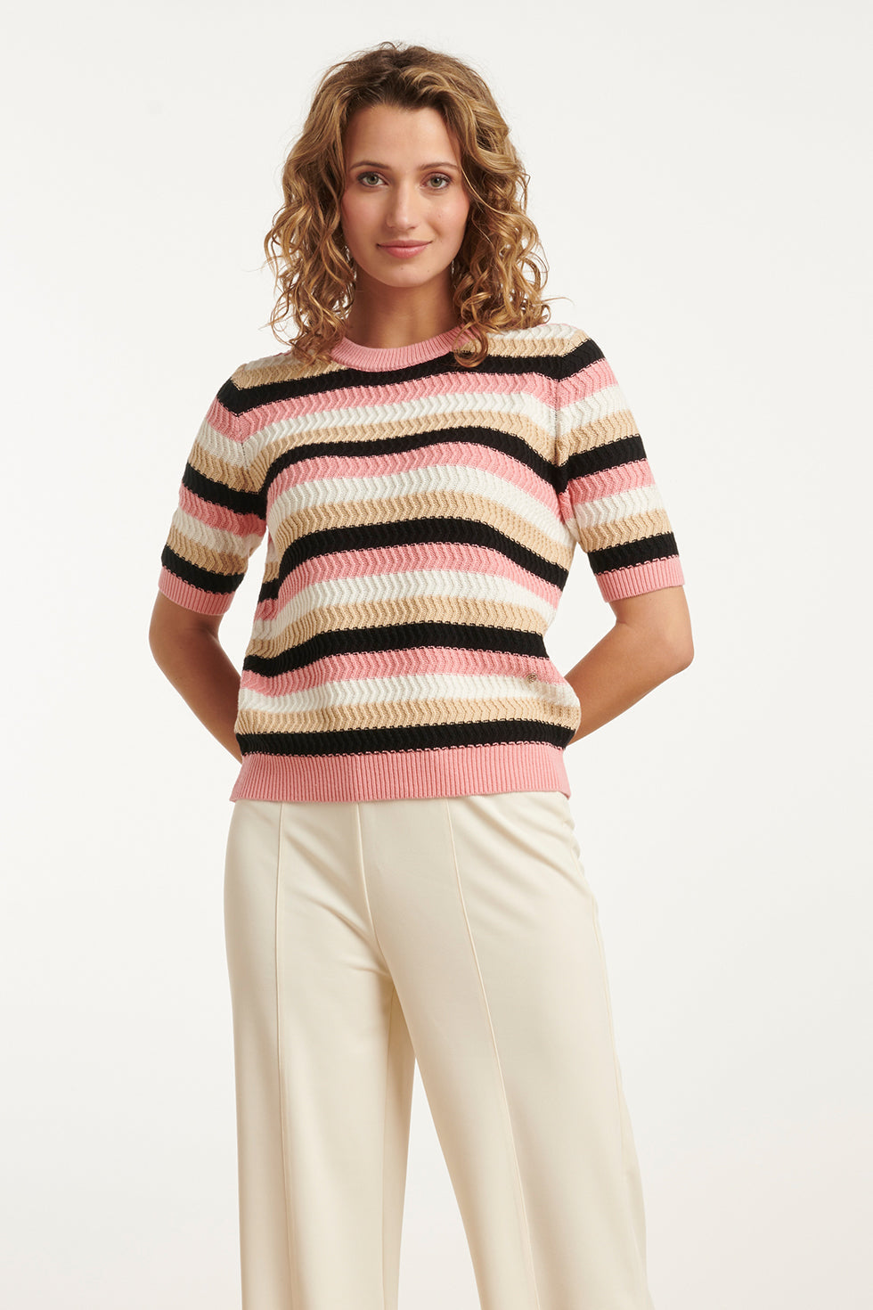 25109 Gebreide Trui Met , Colourblock | Old Pink-Multicolour